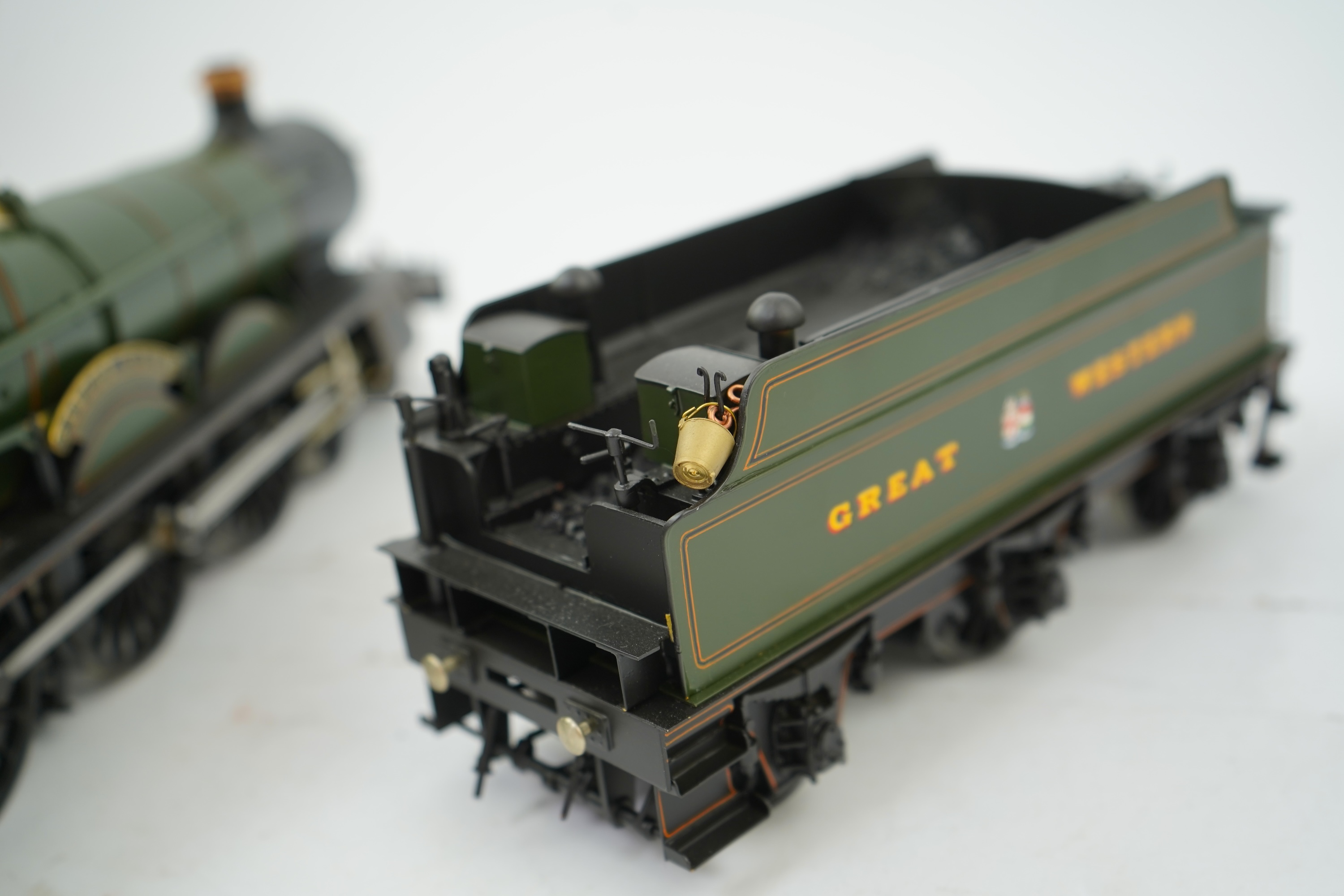 A Gauge One model of GWR Saint Class Fawley Court 2942, 4-6-0 tender locomotive, the model is unpowered, possibly to allow for the detailing between the frames.